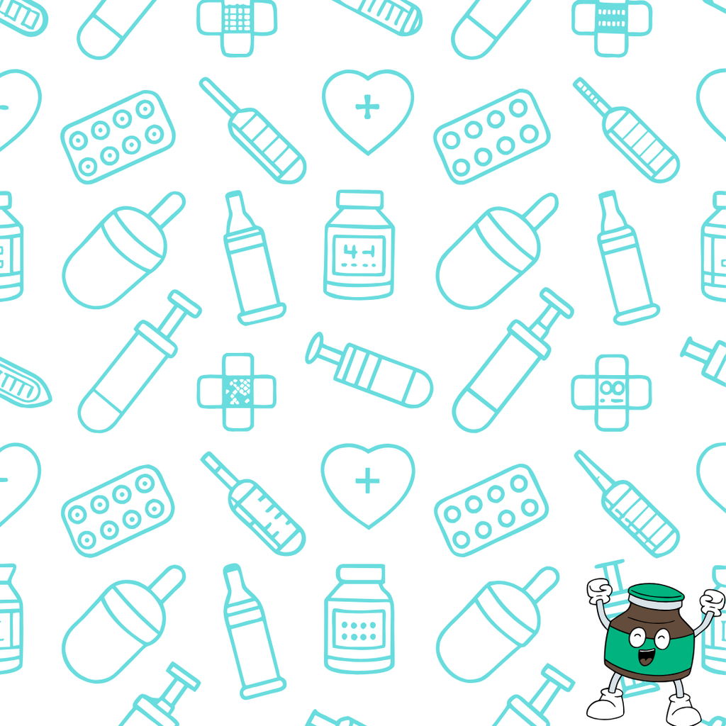 light blue background with hearts, syringes, bandages, pills