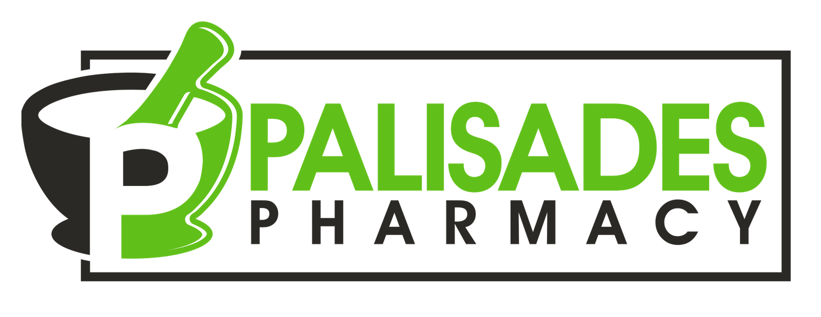 Palisades Pharmacy in a black border. A mortar and pestle on the left side with the letter P in the middle.
